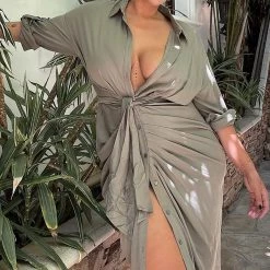 Fashion Nova Chloe Marie Midi Shirt Dress - Olive -fashion nova dresses Shop ChloeMarieMidiShirtDress Olive MER PLUS