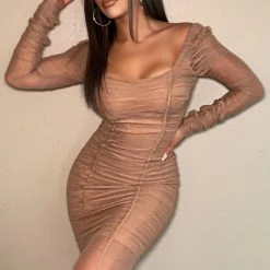 Fashion Nova Did You Mesh Me Ruched Midi Dress - Nude -fashion nova dresses Shop DidYouMeshMeRuchedMidiDress Nude MER