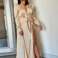 Fashion Nova Entice Me Satin Maxi Dress - Cream
