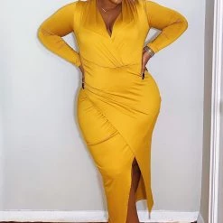 Fashion Nova Eyes On Me Ruched Midi Dress - Mustard -fashion nova dresses Shop EyesOnMeRuchedMidiDress Mustard MER PLUS