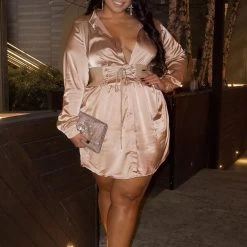 Fashion Nova First Priority Satin Mini Shirt Dress - Mocha -fashion nova dresses Shop FirstPrioritySatinMiniShirtDress Mocha MER PLUS