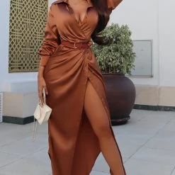 Fashion Nova Gabriella Satin Maxi Shirt Dress - Copper