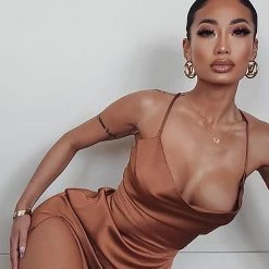 Fashion Nova Give It All To Me Satin Midi Dress - Bronze