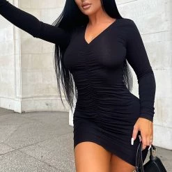 Fashion Nova Heart Rush Ruched Mini Dress - Black