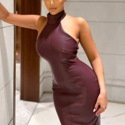 Fashion Nova Jade Faux Leather Midi Dress - Burgundy