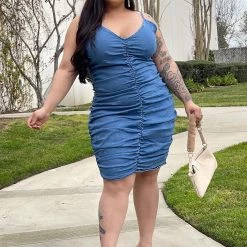 Fashion Nova Just A Ruched Denim Mini Dress - Medium Wash -fashion nova dresses Shop JustARuchedDenimMiniDress MediumWash MER PLUS