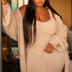 Fashion Nova Living In It Cozy Dress Set - Taupe -fashion nova dresses Shop LivingInItCozyDressSet Taupe MER PLUS