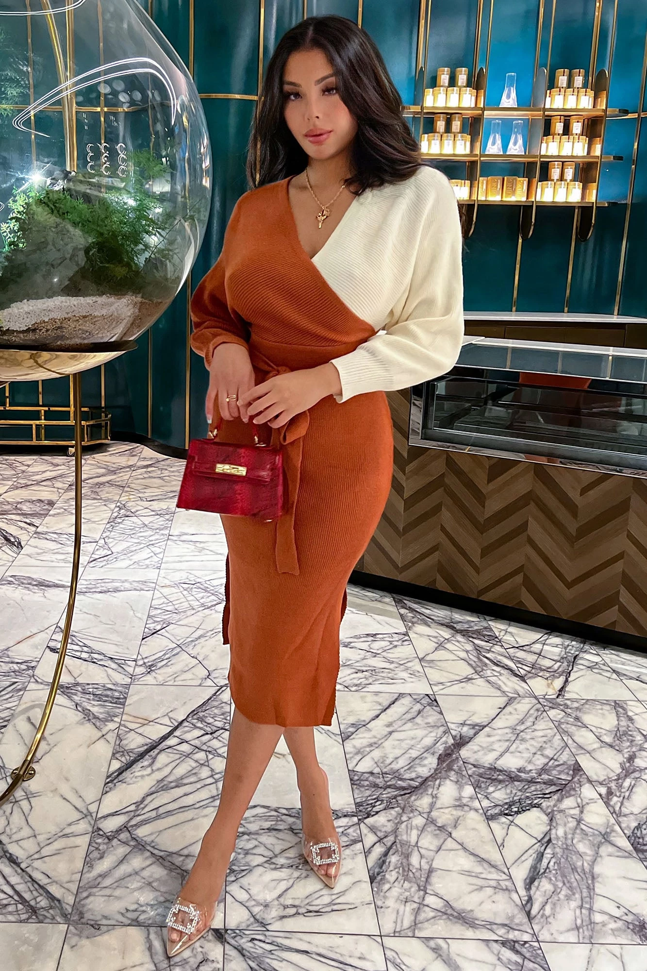 Fashion Nova Mona Colorblock Sweater Midi Dress - Rust/combo 3 Fashion Nova Mona Colorblock Sweater Midi Dress - Rust/combo
