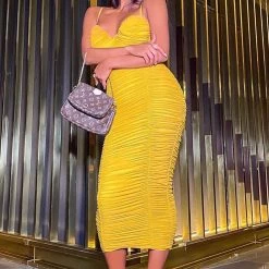 Fashion Nova Need You In My Life Ruched Midi Dress - Mustard