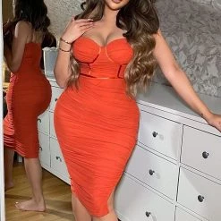 Fashion Nova Night Sensation Ruched Midi Dress - Rust