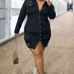 Fashion Nova Not Stressing Over You Denim Mini Dress - Black -fashion nova dresses Shop NotStressingOverYouDenimMiniDress Black MER PLUS