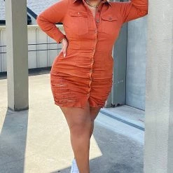 Fashion Nova Not Stressing Over You Denim Mini Dress - Rust -fashion nova dresses Shop NotStressingOverYouDenimMiniDress Rust MER