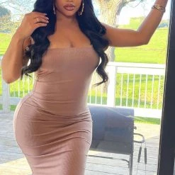 Fashion Nova Nova Dime Ribbed Midi Dress - Taupe -fashion nova dresses Shop NovaDimeRibbedMidiDress Taupe MER