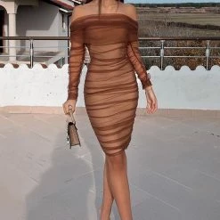 Fashion Nova Ruched And Ready Bandage Midi Dress - Taupe
