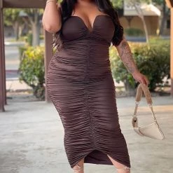 Fashion Nova Ruched Everywhere Midi Dress - Brown -fashion nova dresses Shop RuchedEverywhereMidiDress Brown MER CURVE