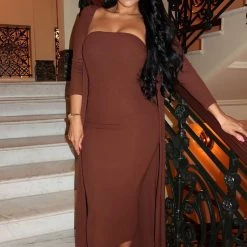 Fashion Nova Satisfied Ribbed Maxi Dress Set - Brown