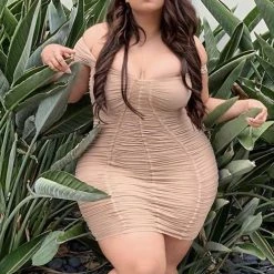 Fashion Nova Simply Ageless Ruched Midi Dress - Nude -fashion nova dresses Shop Simply Ageless Ruched Midi Dress Nude 1