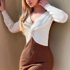 Fashion Nova Split It Sweater Mini Dress - Brown/combo