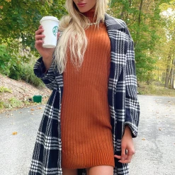 Fashion Nova Too Cozy Turtle Neck Sweater Dress - Cognac