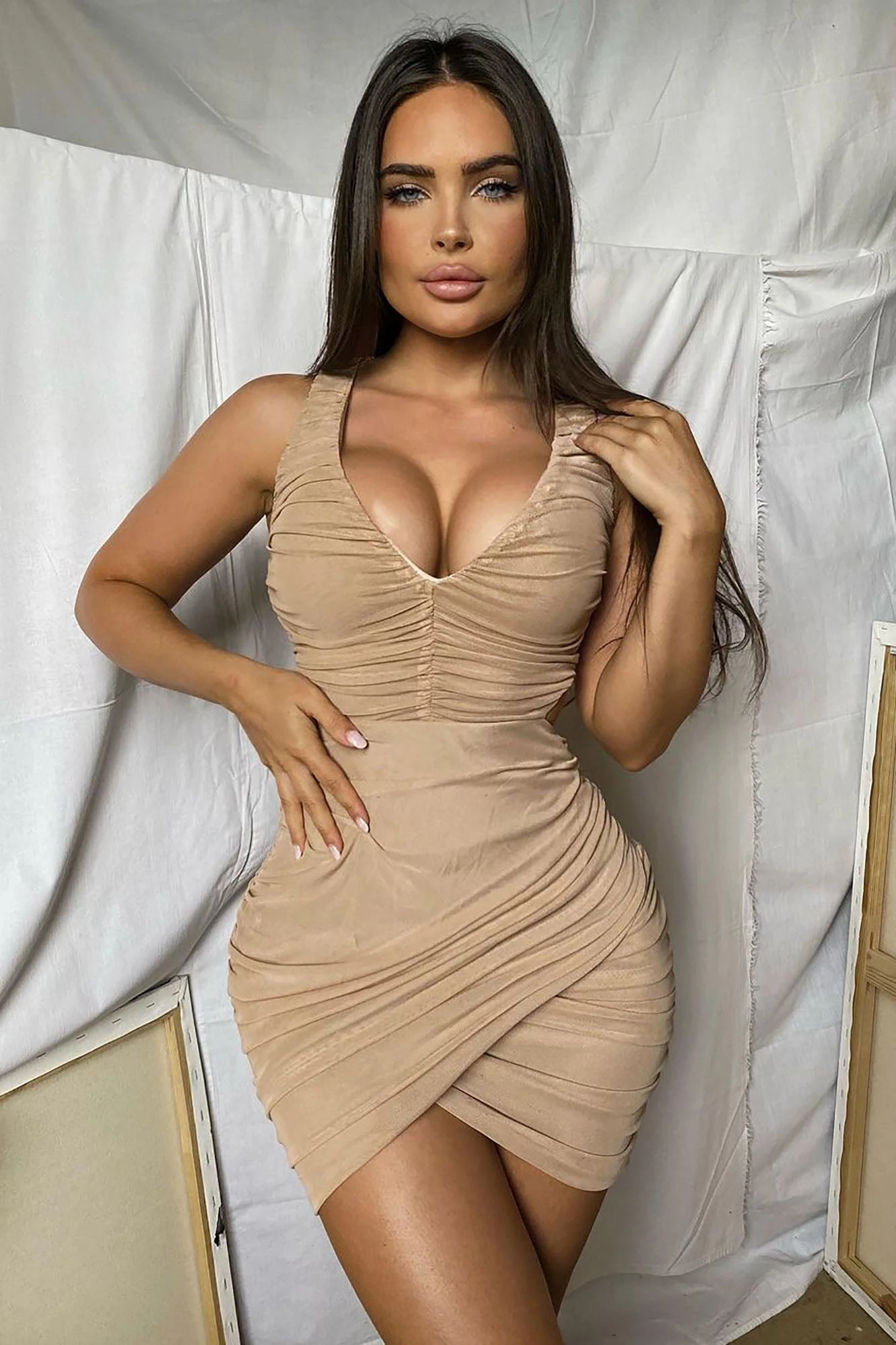 Fashion Nova You're Too Late Ruched Mini Dress - Taupe 3 Fashion Nova You're Too Late Ruched Mini Dress - Taupe